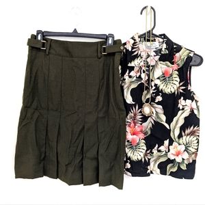 Wool Army Green Pleated Skirt